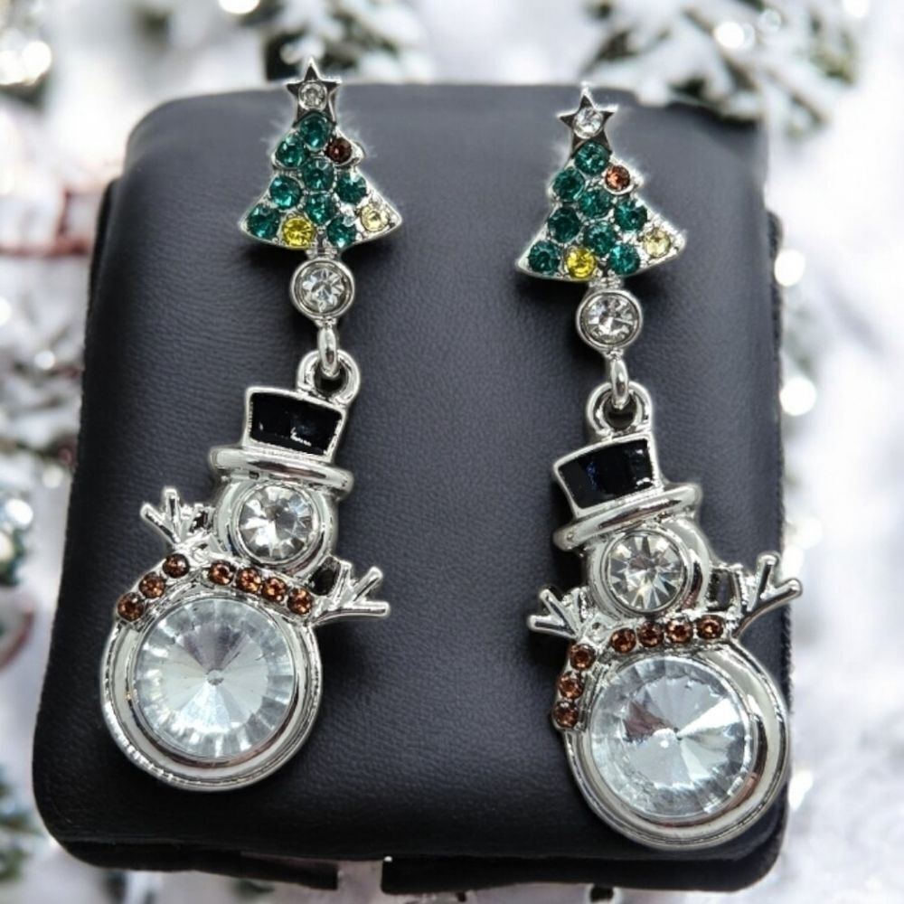 Snowman ☃️ Rhinestone Christmas Tree Earrings Dangle Drop Pierced Ears Jewelry